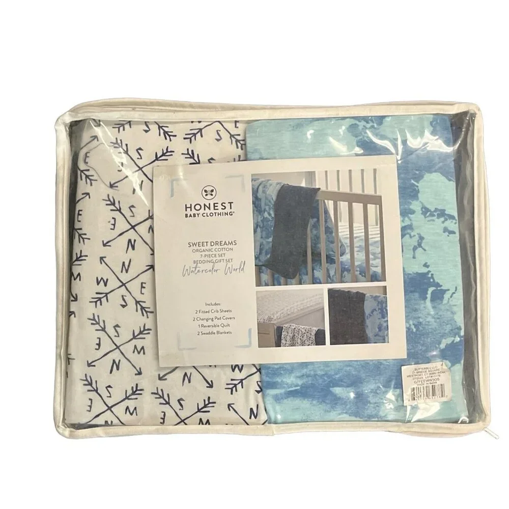 Honest Baby Boy Nursery Organic Cotton‎ Bedding Blue Watercolor Print 7 pc Set